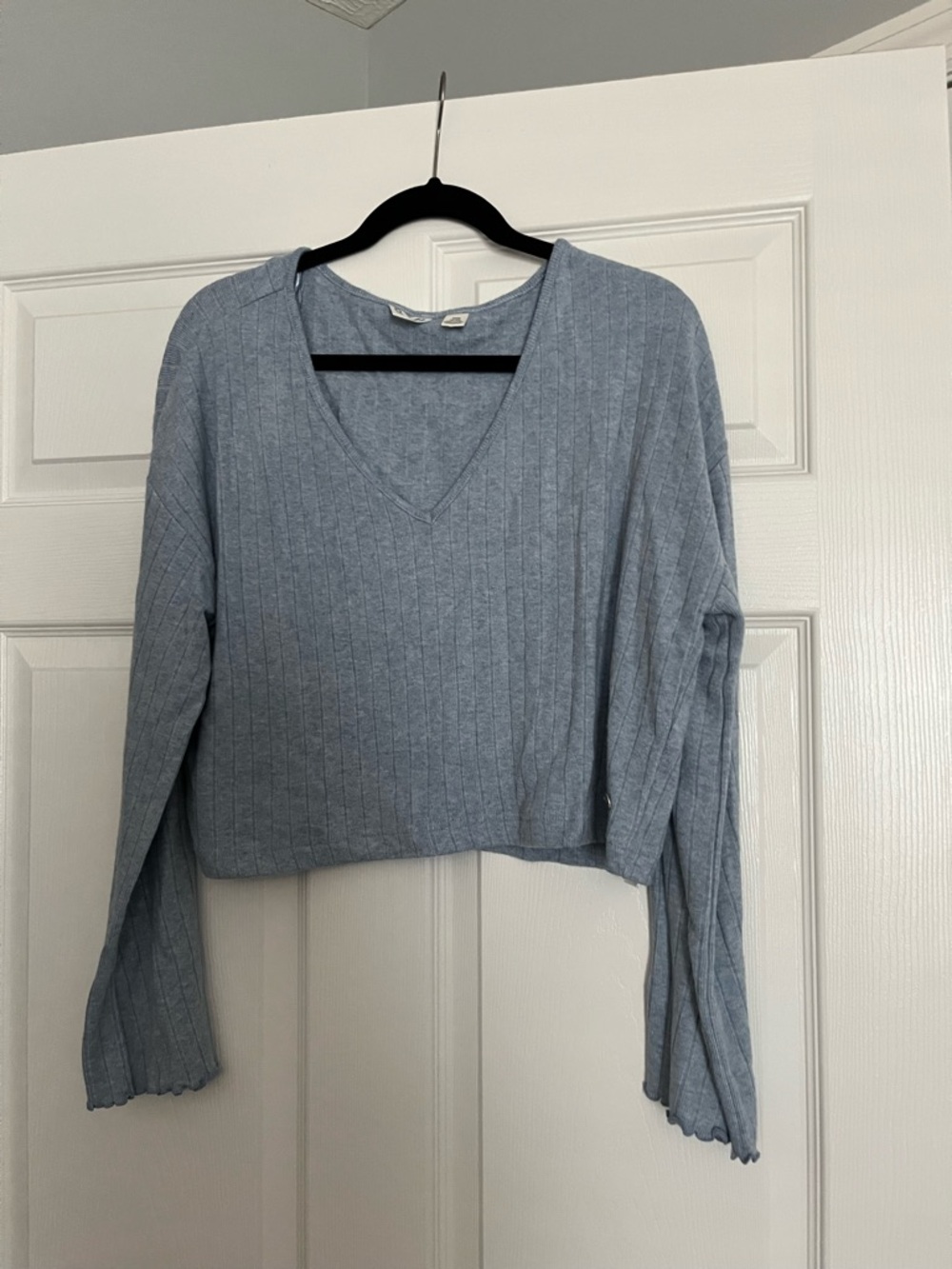Roxy Light Blue Ribbed V-Neck Cropped Sweater